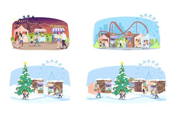 Download Fun Fair Flat Vector Illustrations Set - Set Collection